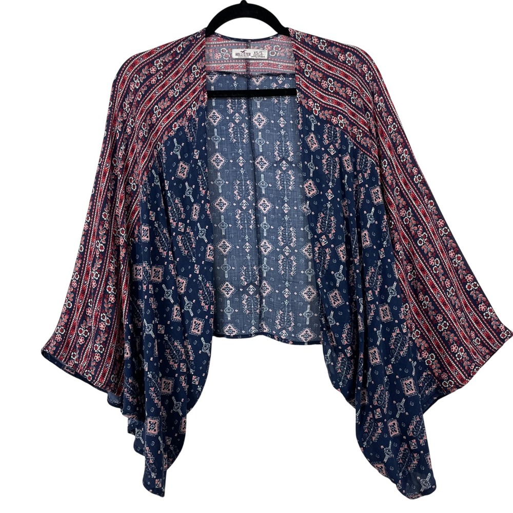 Hollister Size XS/S Kimono Red Blue Floral Geometric Draped Open Front Shrug